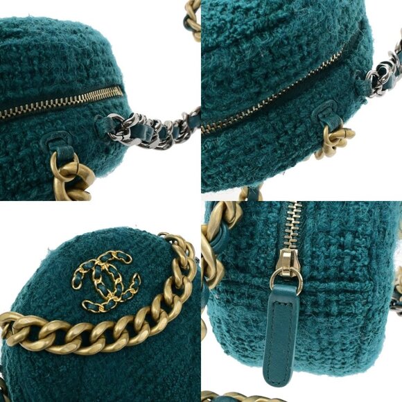 CHANEL 19 CC Logo Round Chain Mini Shoulder Bag Tweed Leather Green 332LC528 - Picture 4 of 16